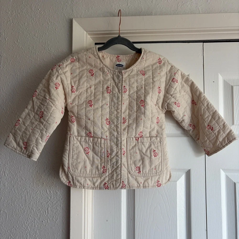Old Navy Girls Floral Quilted Jacket - Cream with Pink Floral Print